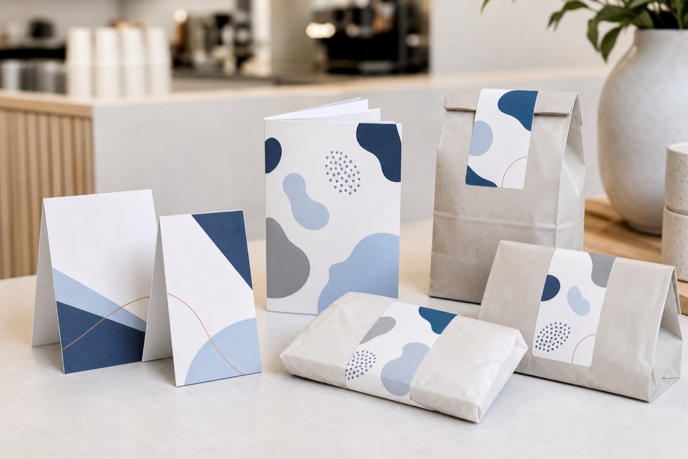 Bordsryttare, menyer och etiketter för butik och restaurang